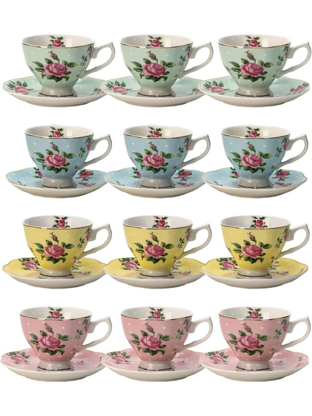 Floral Teacup Set of 12 - 8 oz Fine Porcelain with Gold Trim, Dishwasher Safe